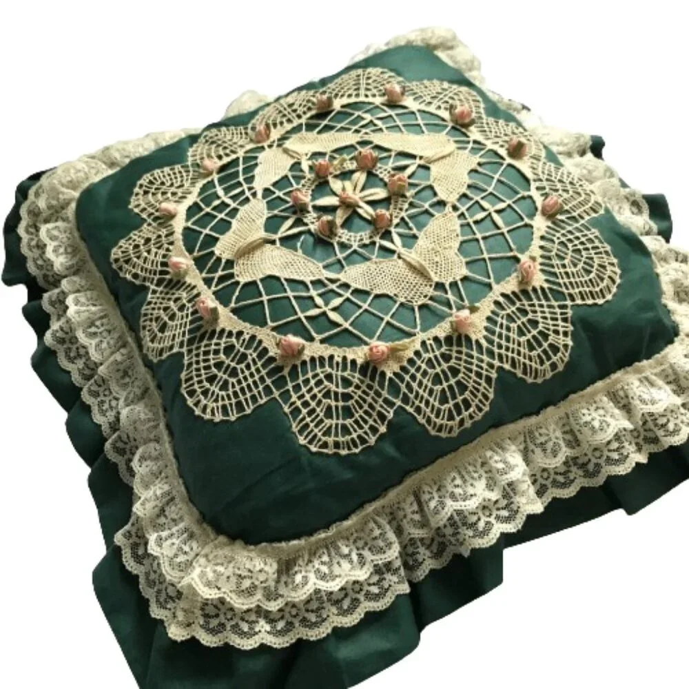Vintage Lace Rosebud Accent Pillow Floral Green Pink Tan